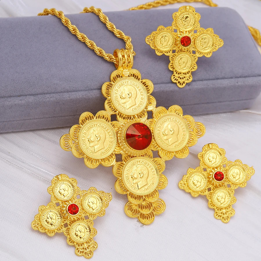 24K Gold Cross Set of Four Red Diamonds Ethiopian Middle East Womens Jewelry Dubai Earrings Rings Bracelets Necklaces Wed 240927