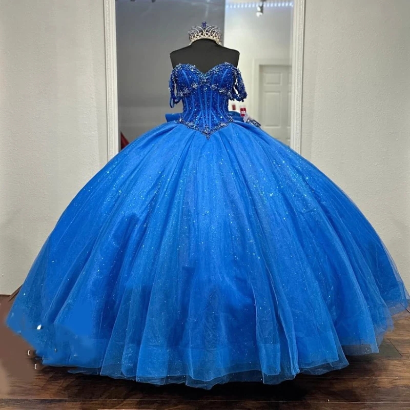 Royal Blue Shiny Princess Off Shoulder Ball Gown Quinceanera Dresses Beaded Crystal Bow Tull Lace up Sweet 16 Dress Birthday Gown