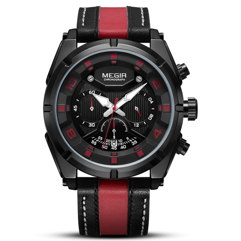 MEGIR Fashion Men's Timing Quartz Watch Leather Strap Night Light Hands 24-hour Sports Simulation Men's Watch 2076 White