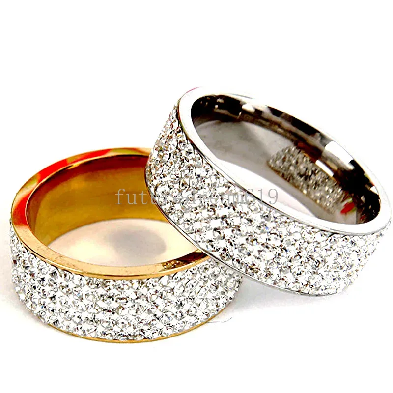 8mm Stainless Steel Full Crystal Gold Silver Plated Band Rings For Women Men Lovers Jewelry Party Club Decor