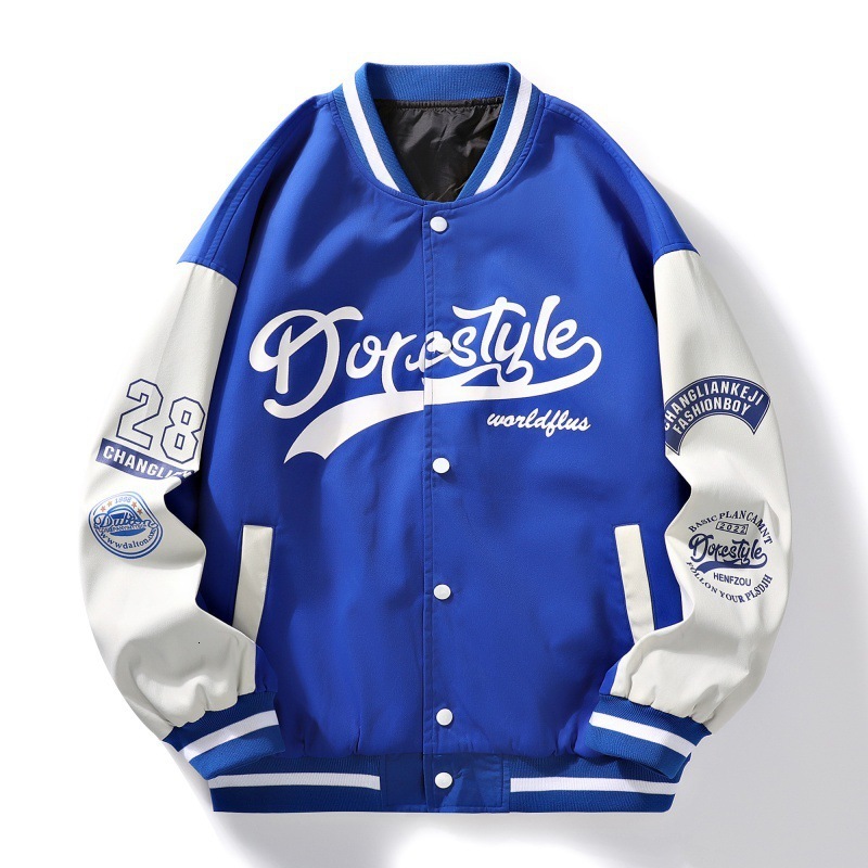 Men Letter Graphic Striped Trim Colorblock Drop Shoulder Varsity Jacket