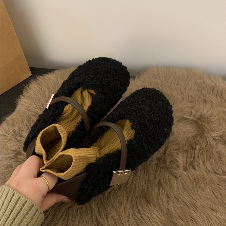 Autumn and Winter Flat bottomed plush shoes 2024 New French Mary Jane Single Shoes