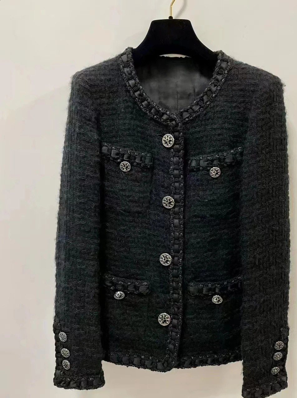 Black Roman wool classic short sleeved jacket womens coarse tweed top 240924
