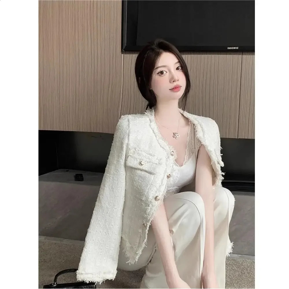 Elegant French style tweed womens jacket for spring/summer long sleeved cut top collar for outerwear 240930