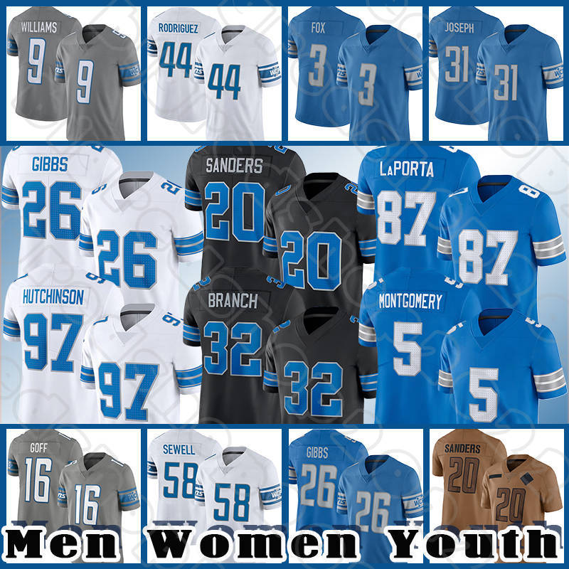 Jared Goff Jerseys Amon-Ra St. Brown Football Sam LaPorta Barry Sanders Brian Branch Jameson Williams Jahmyr Gibbs David Montgomery Penei Sewell Jack Campbell Hooker
