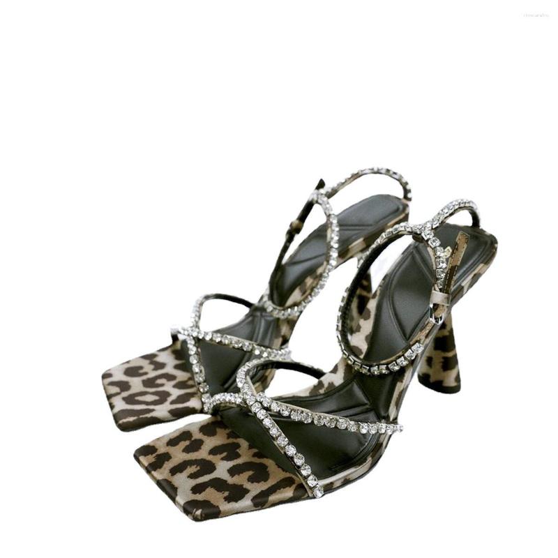 Sandals Square Toe Leopard-Print Emed Rhie Women's Fashionable Elegant Cross-Strap High Heel Stiletto T-Strap Open