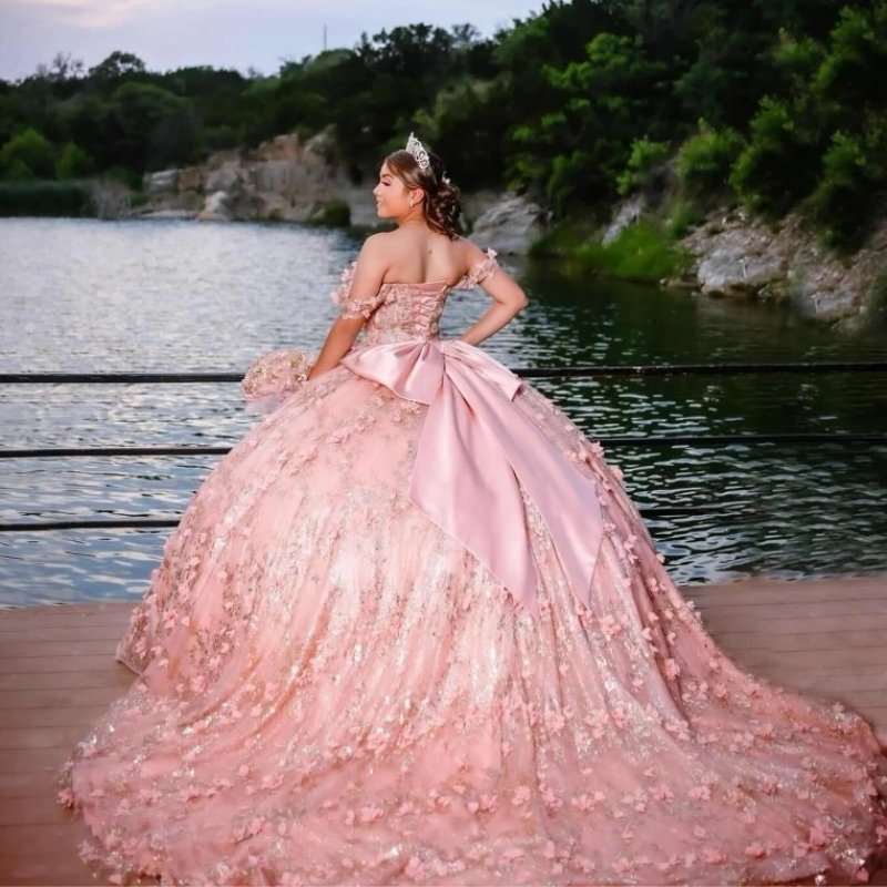 Mexico Pink Off The Shoulder Ball Gown Quinceanera Dresses Sequin Applique Lace Beaded 3D Flowers Gowns Party Birthday Dress Sweet 16 Dress