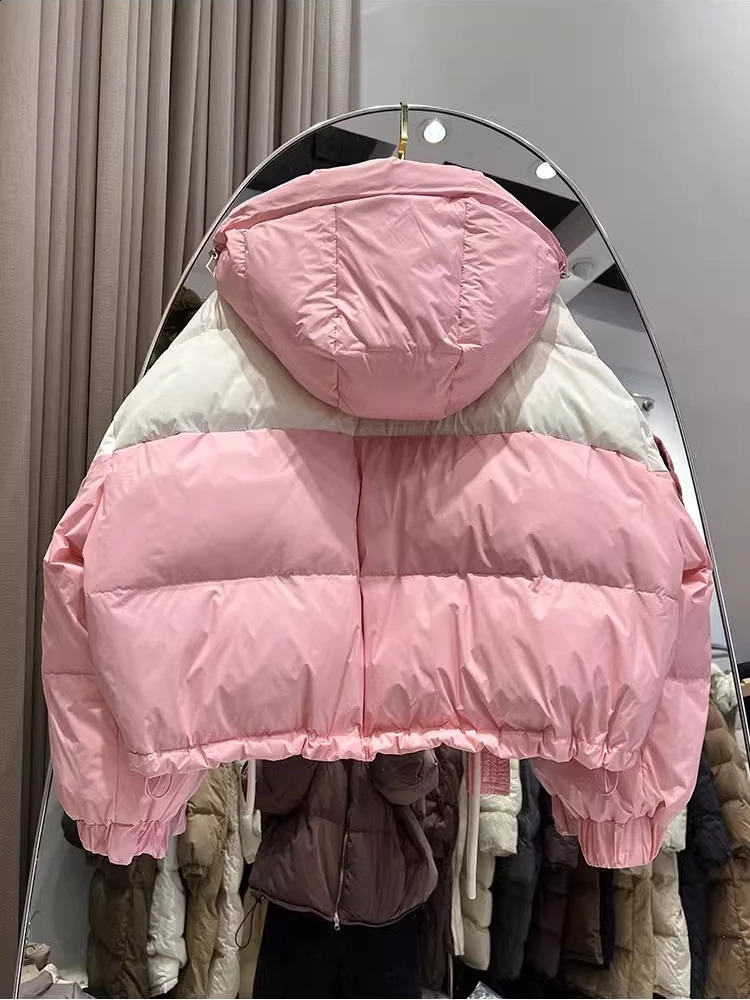 Winter plus size thick down jacket womens Y2k sweet casual bread set hoodie contrasting color white duck puff jacket 240924