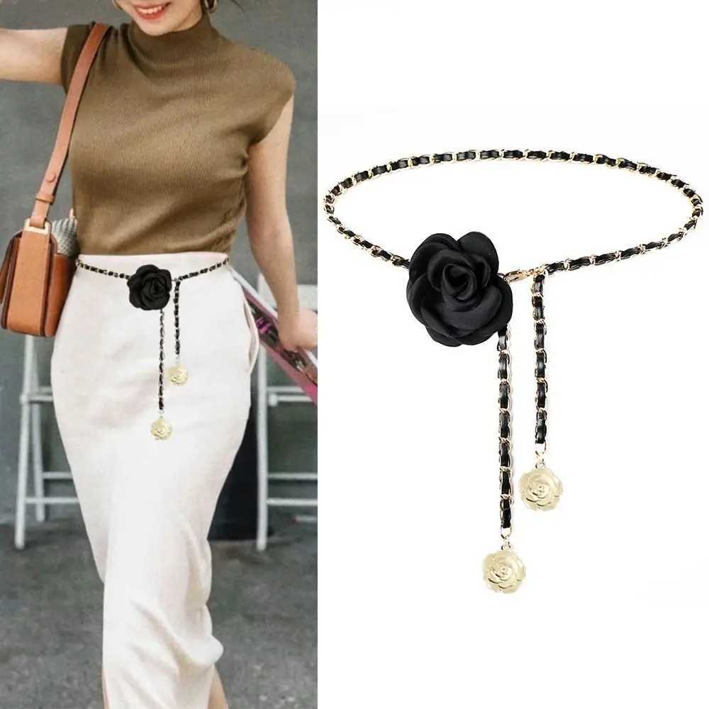 1 piece of womens fashionable camellia waist chain flower leather waist chain decorative pants chain W240930