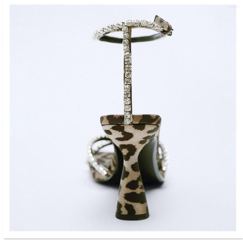 Sandals Square Toe Leopard-Print Emed Rhie Women's Fashionable Elegant Cross-Strap High Heel Stiletto T-Strap Open