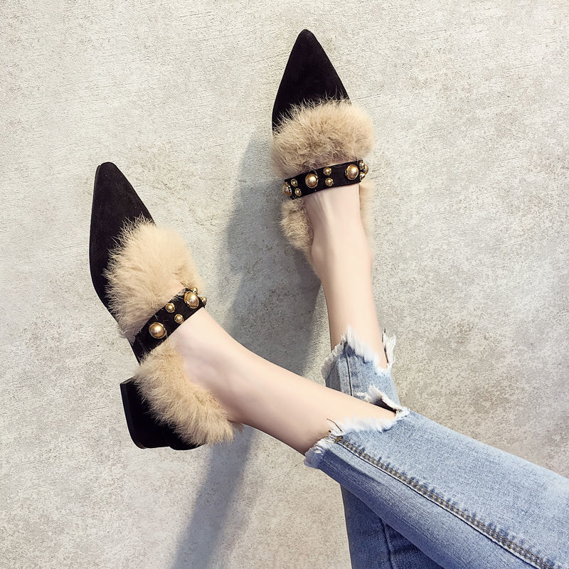 2024 New Coarse Heel Pointed Velvet Cotton Single Shoes
