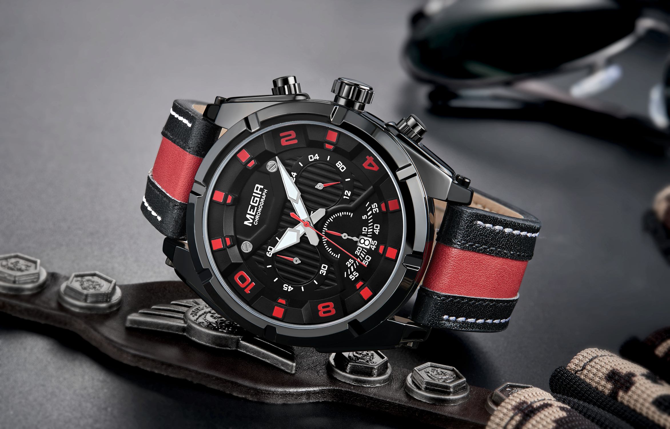 MEGIR Fashion Men's Timing Quartz Watch Leather Strap Night Light Hands 24-hour Sports Simulation Men's Watch 2076 White