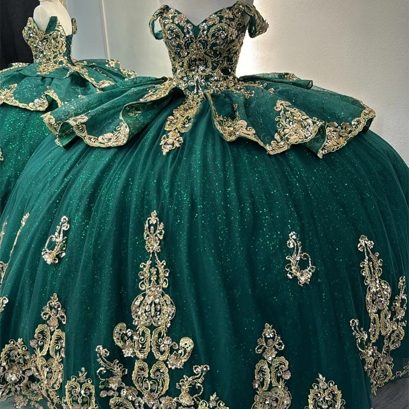 Emerald Green Shiny Quinceanera Dresses Ball Gown Gold Lace Applique Beads Birthday Party Corset Sweet 16 Dress Vestidos De 15 Anos