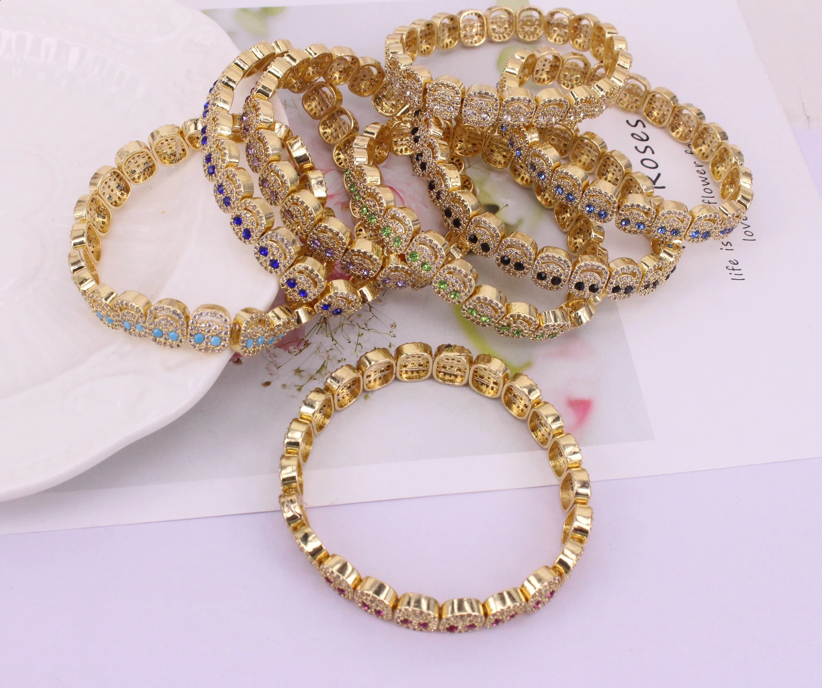 -2 pieces/batch gold-plated copper metal mixed color smiling zircon/CZ 8mm wide bracelet jewelry search items DIY 240925