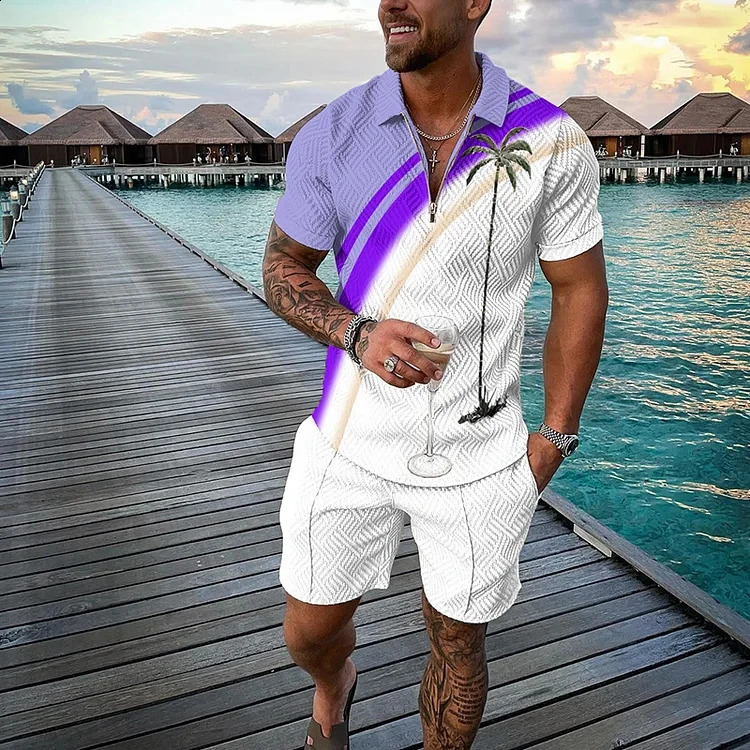 Beach Coco 3D printed mens sportswear set summer casual zipper collar polo shirt and shorts 2-piece set fashionable mens clothing 240930CJ