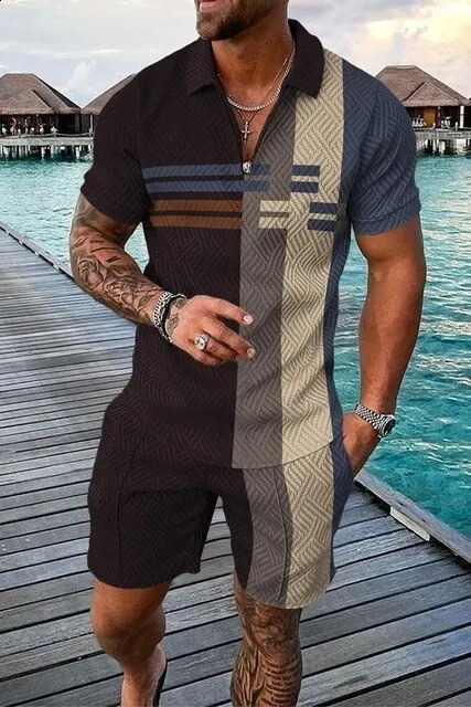 summer mens fashion trend 3D printed zipper polo shirtshorts two-piece set soft and fashionable casual mens track suit set 240930