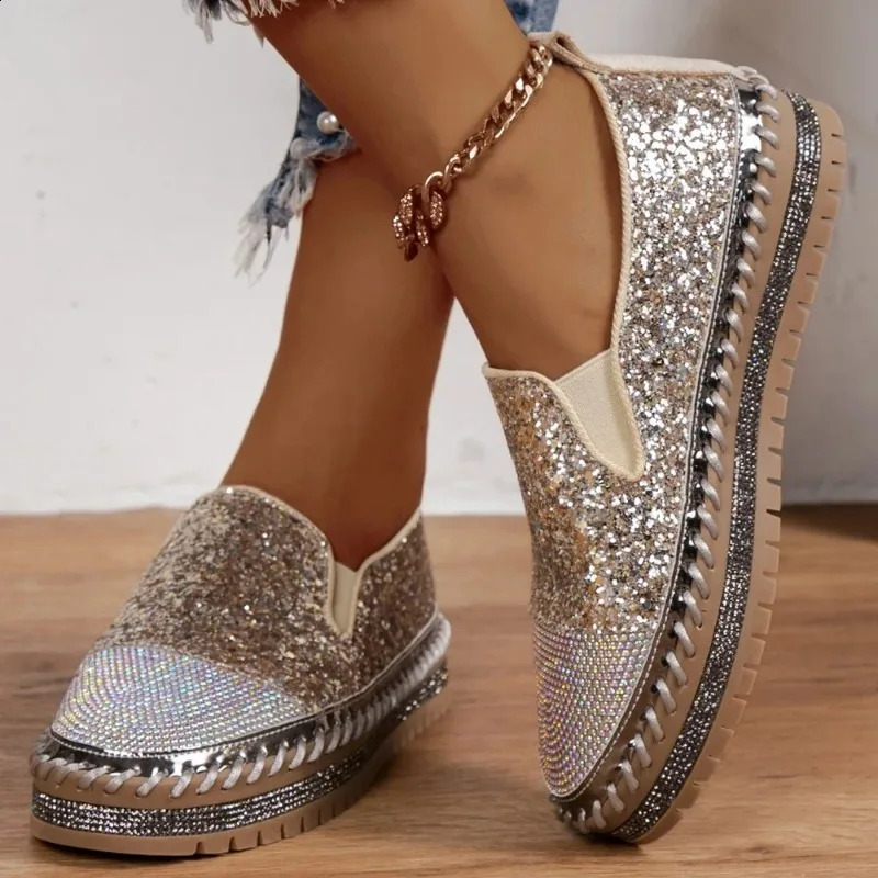 Womens sports shoes 2024 womens flat sequin sports shoes casual womens mesh lace fine diamond sequin platform vulcanized shoes 240930
