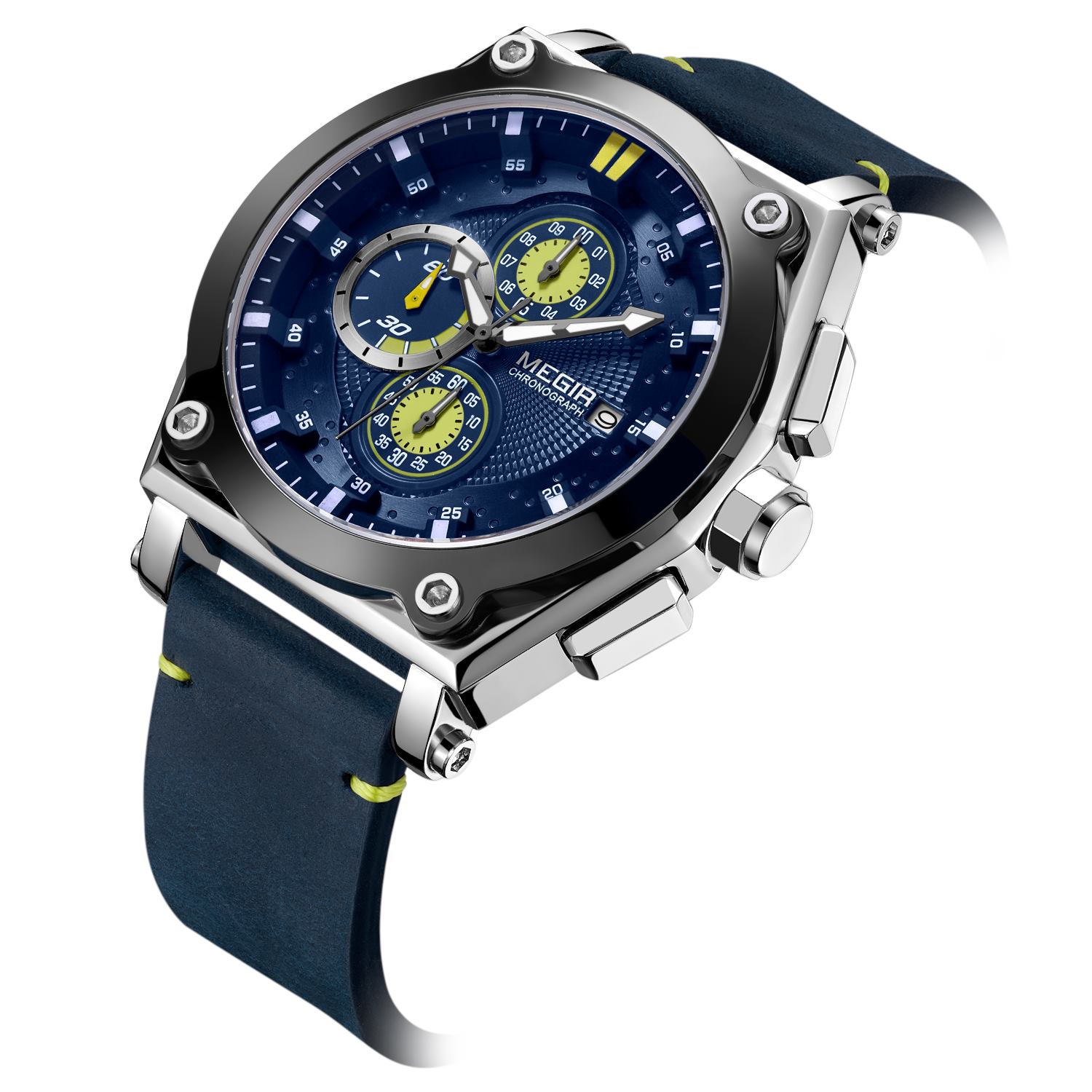 Megir men's leather strap quartz watch military sports timing waterproof watch men's night light Relogios clock 2098 blue