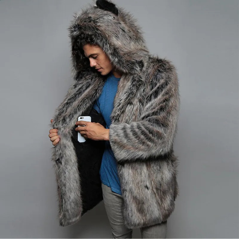 Mens artificial fur coat long sleeved hooded thick warm jacket mens plush fluffy open collar casual Parka chiffon winter fur coat 512 240930