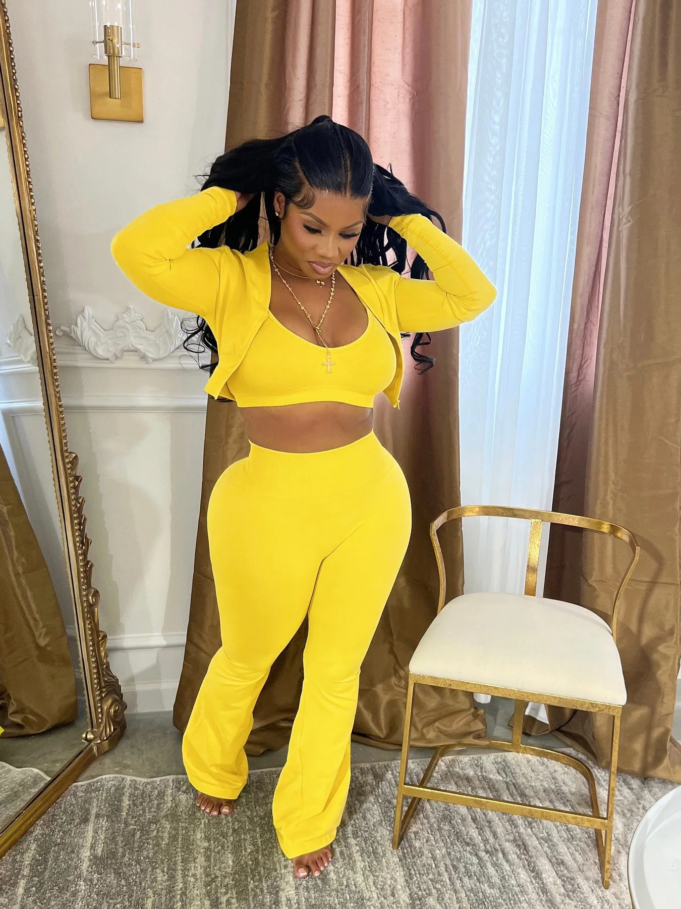 Womens sportswear tight jacket vest high waisted Flared pants casual 3piece set fitness yoga jogging 240927