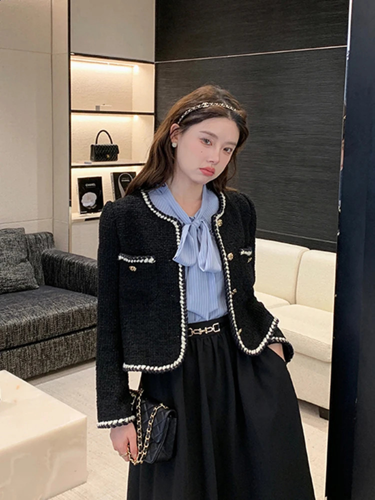 Zoki Sweet retro tweed jacket for women elegant French cut jacket casual long sleeved simple and fully matched retro womens jacket top 240930