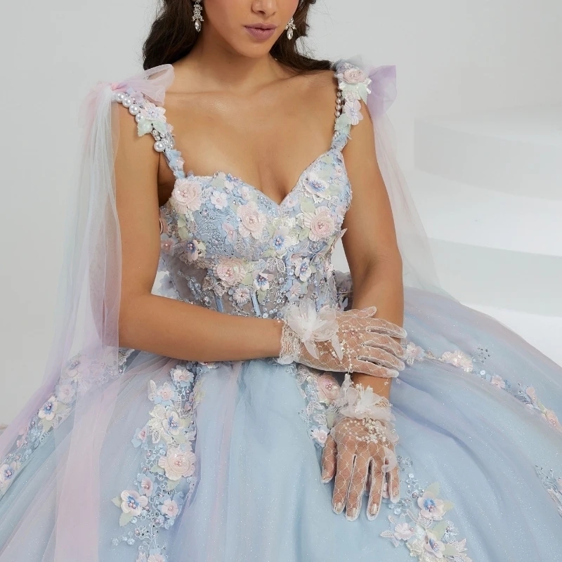 Sky Blue Shiny Quinceanera Dresses Ball Gown Lace Applique Beading Tull With Cape Mexico Sweet 16 Dress Vestidos De XV 15 Anos
