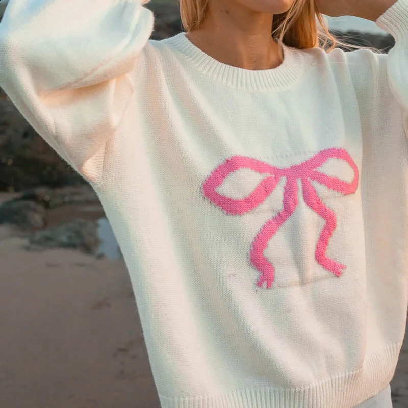 Women Y2K Printed Pullover Sweater Top Cute Bowknot Graphic Long Sleeve Crew Neck Knit Fall Winter Jumpers Streetwear 240930