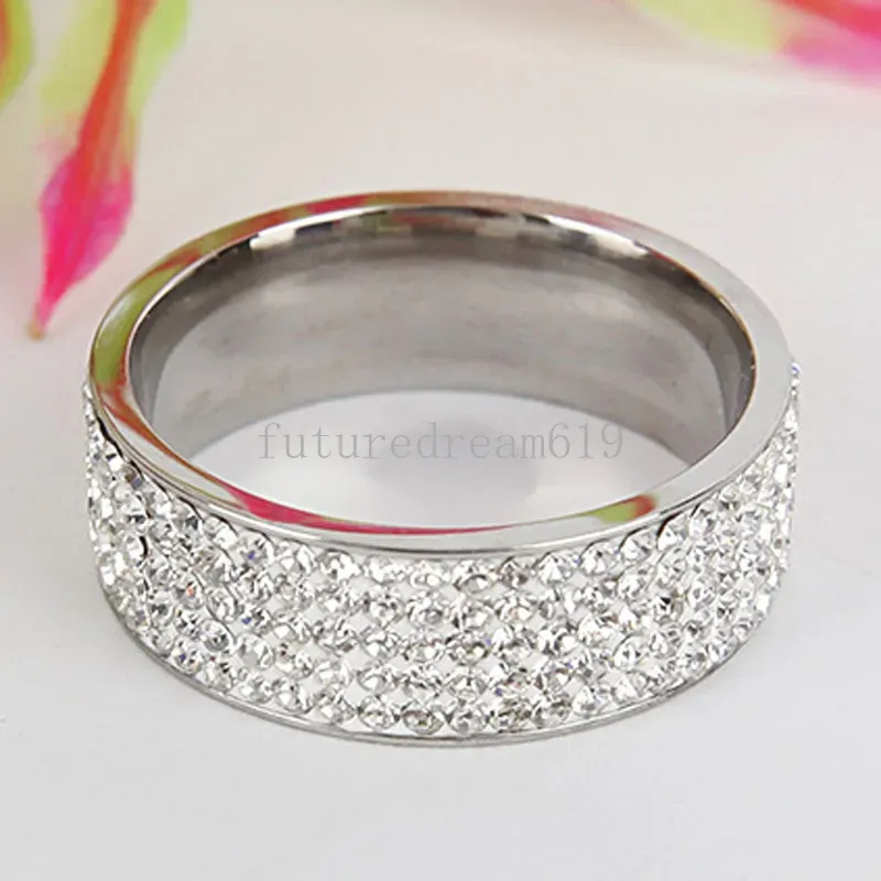 8mm Stainless Steel Full Crystal Gold Silver Plated Band Rings For Women Men Lovers Jewelry Party Club Decor