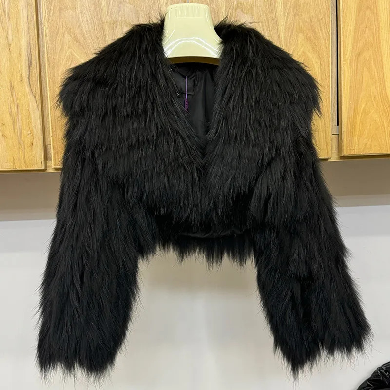 Women's Knitted Genuine Fur Coat Raccoon Leather Jacket With Big Collar B1