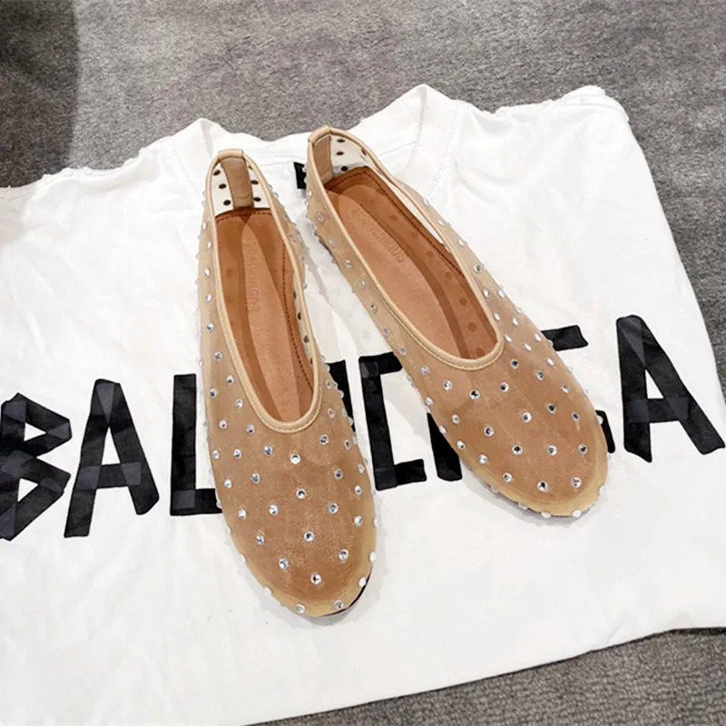 crystal rivet mesh sandals for women lightweight and breathable apartments fashionable and comfortable mule shoes elegant slippers ballet shoes 240923