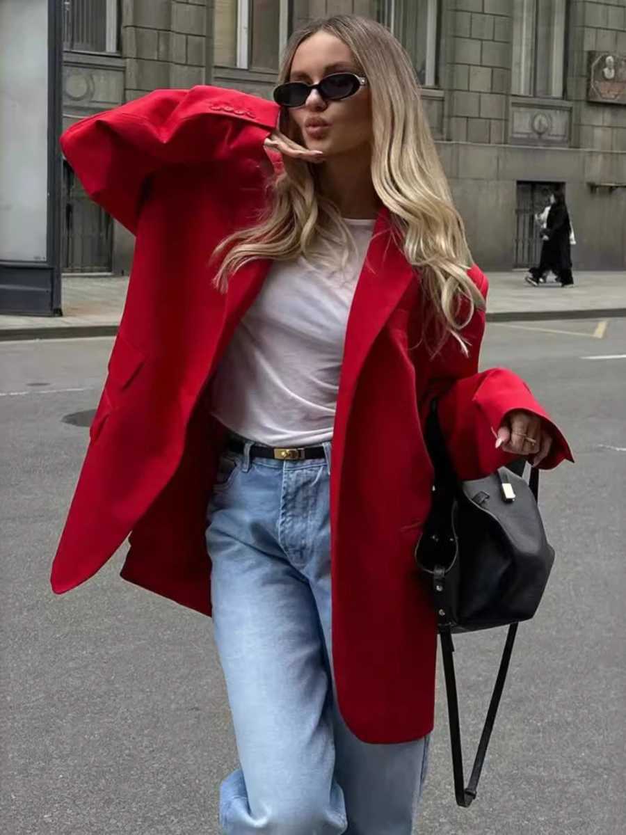 Bornladies Womens Red Suit Temperament Shoulder Pads Loose Coat Collar Pocket Casual Cardigan Fashion Office Ladies Suit JacketX2410