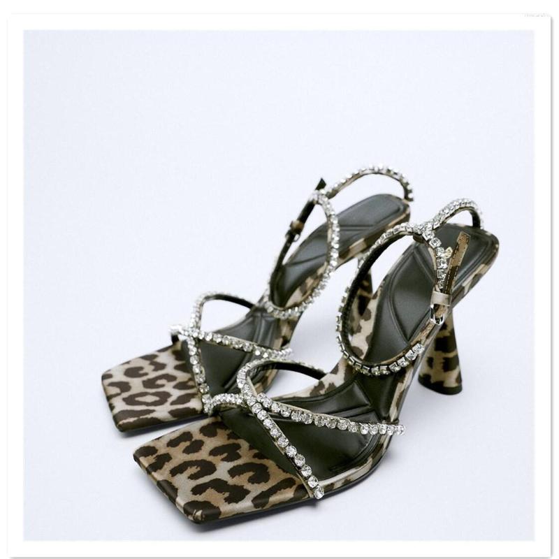 Sandals Square Toe Leopard-Print Emed Rhie Women's Fashionable Elegant Cross-Strap High Heel Stiletto T-Strap Open