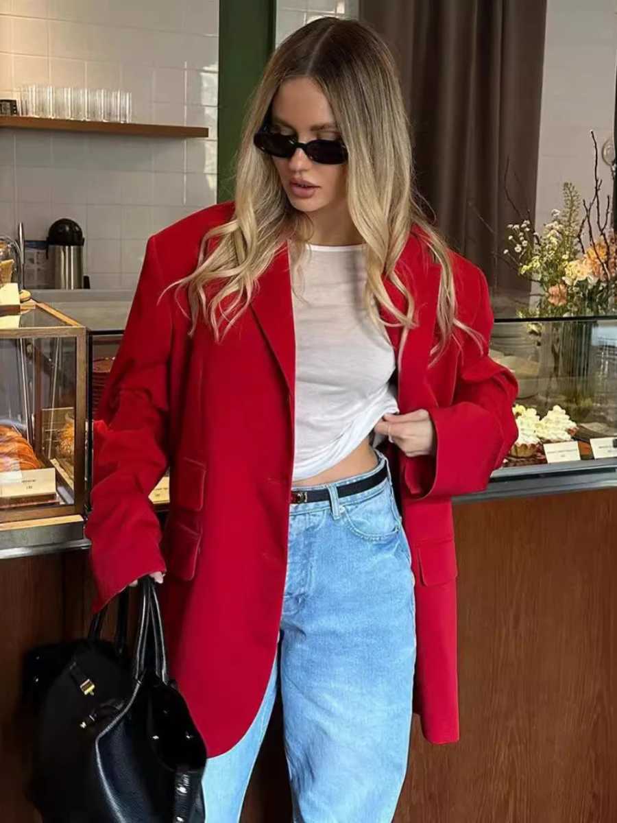 Bornladies Womens Red Suit Temperament Shoulder Pads Loose Coat Collar Pocket Casual Cardigan Fashion Office Ladies Suit JacketX2410