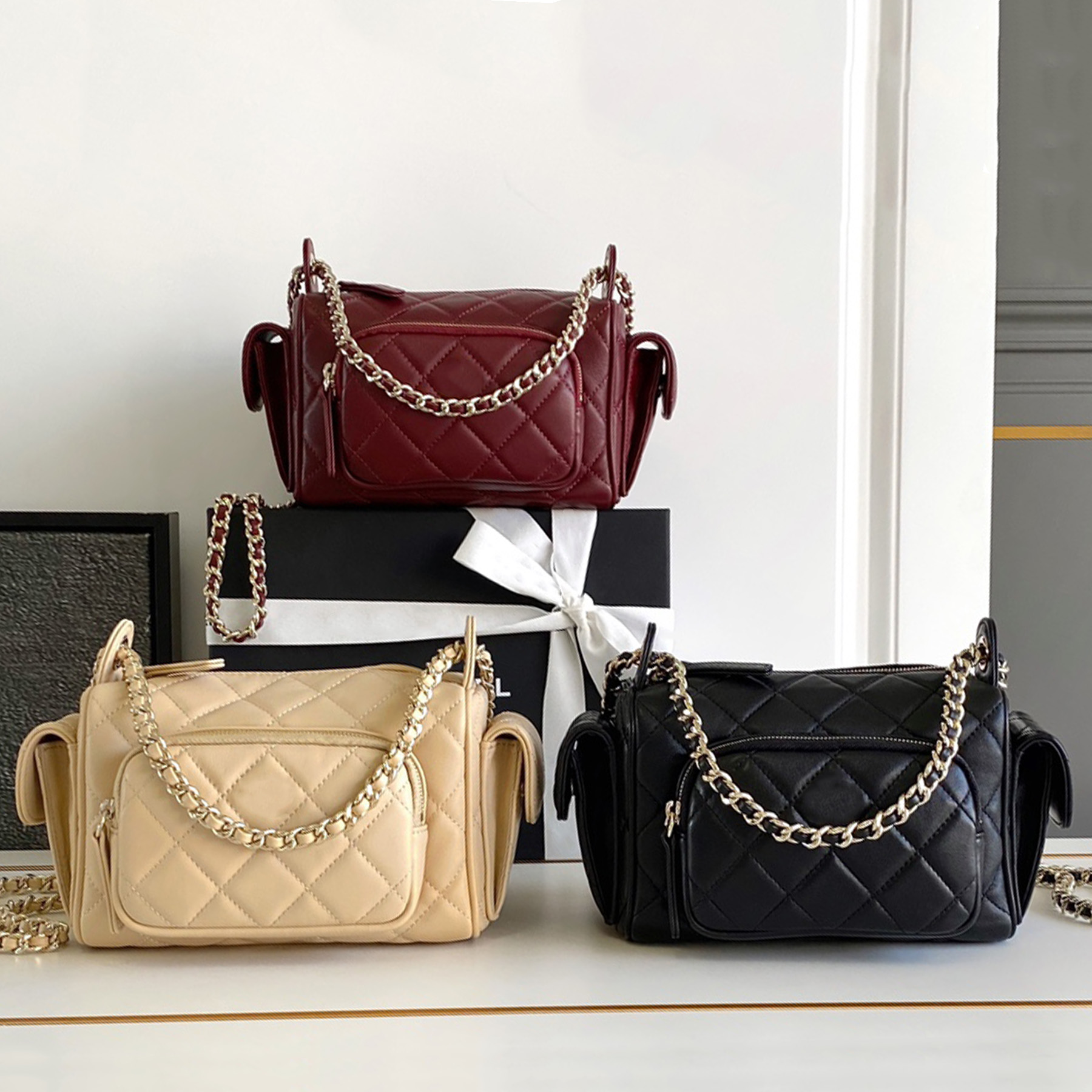 Top Quality 10A Chain Camera Luxury Designer Genuine Leather Zipper Closure Shoulder Golden Hardware Crossbody Bag Fashion Women Casual Shopping Purse