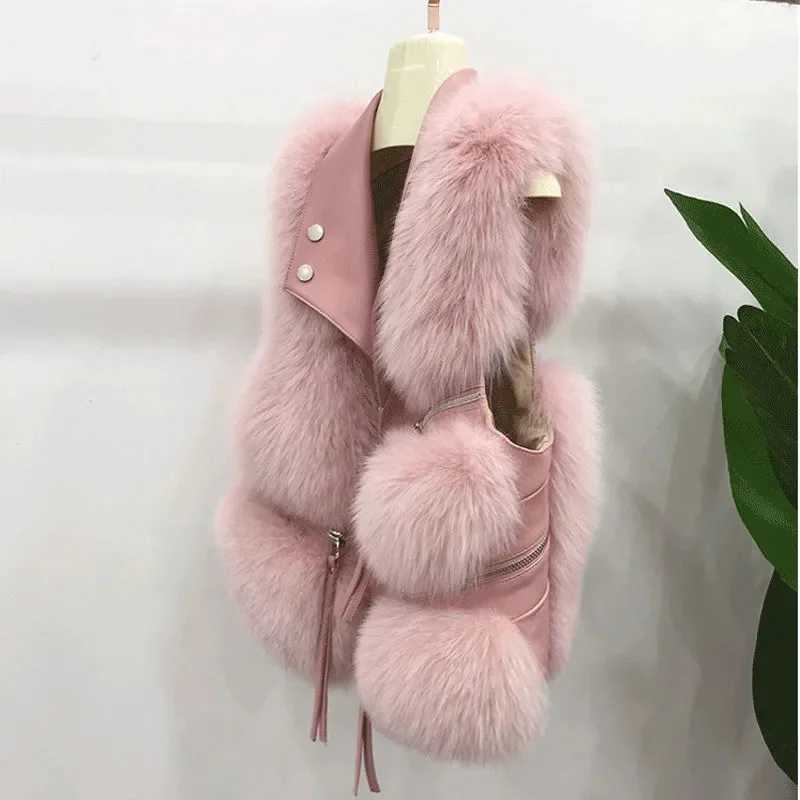 Autumn and Winter Womens Leather Fur Sleeveless Jacket Womens Lmitation Fox Fur Vest Coat Womens Fashion Short Coat Top M241004