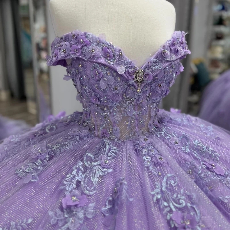 Lavender Quinceanera Dresses Applique Beaded 3D Flowers Applique Beads Off Shoulder Ball Gown Sweet 16 Dress Birthday Party Vestidos De 15 Anos