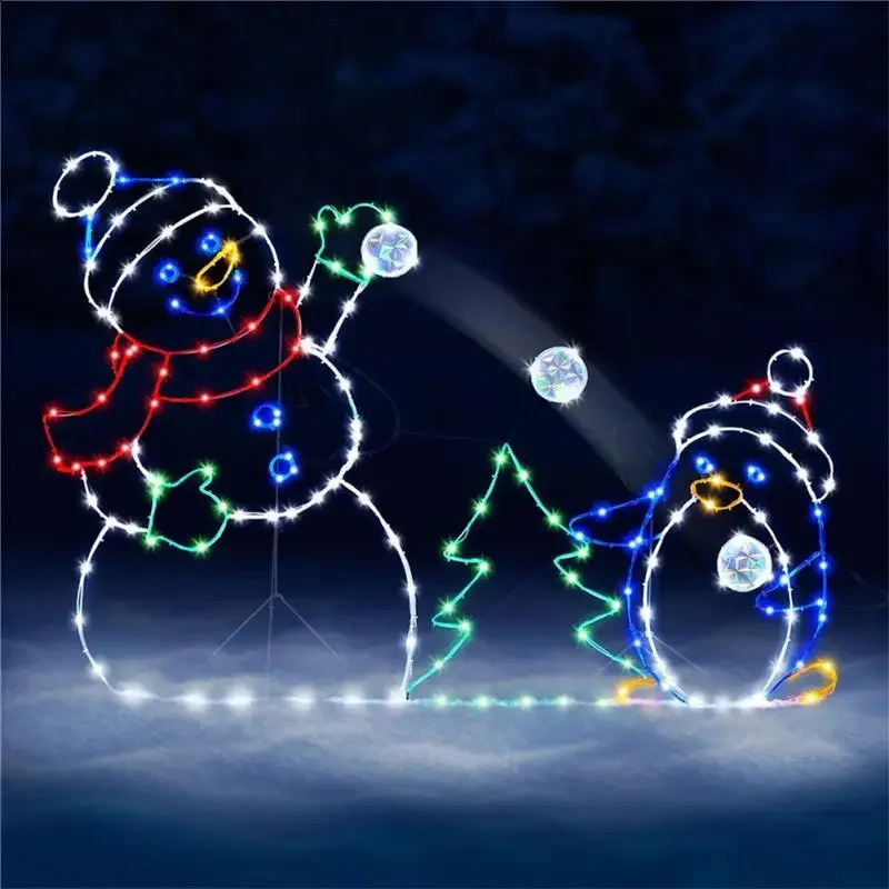 Interesting animated snowball battle activity light string frame decoration holiday party Christmas outdoor garden snow glowing logo 240927