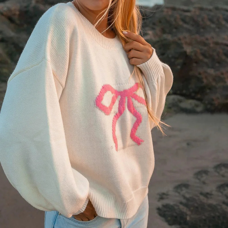 Women Y2K Printed Pullover Sweater Top Cute Bowknot Graphic Long Sleeve Crew Neck Knit Fall Winter Jumpers Streetwear 240930