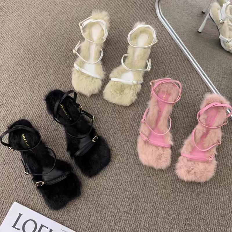 Sandals Internet Celebrity Style Square Toe Buckle Fur Open Strap High Mid Heel Stiletto Furry Elegant Sweet Outerwear