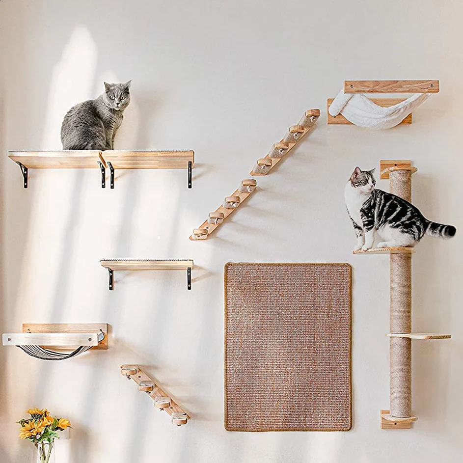 High quality wall mounted cat scratching furniture with Perches hammock and wall mounted steps for cats to climb used for sleeping and playing 240924