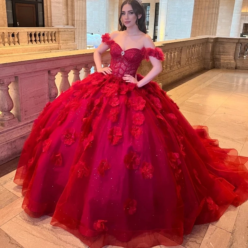 Red Shiny Sweetheart Ball Gown Quinceanera Dresses Off The Shoulder Flower Beads Tull Corset Vestido De 15 Anos Sweet 16 Dress