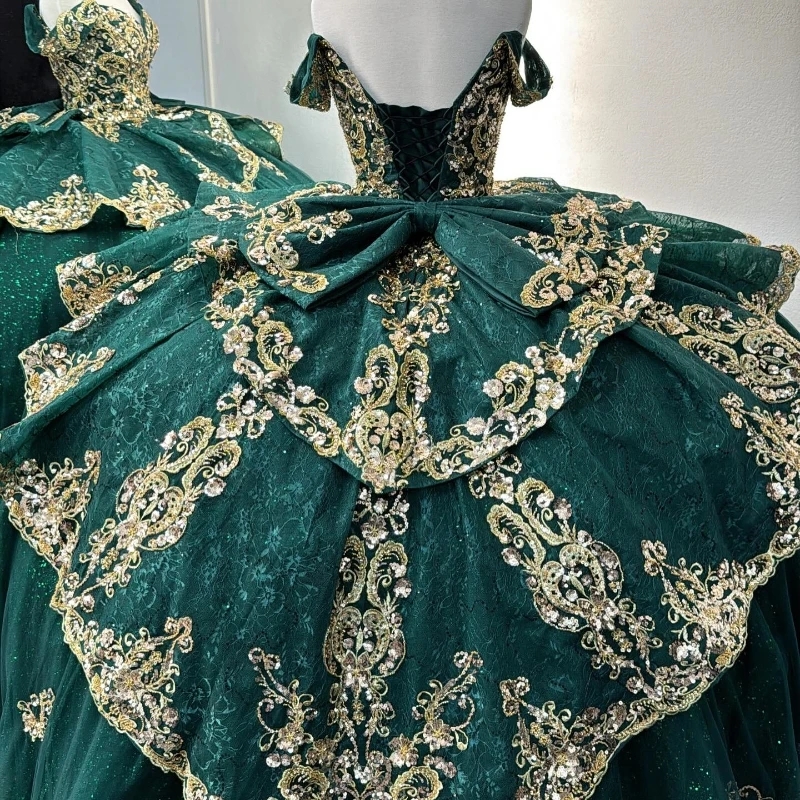 Emerald Green Shiny Quinceanera Dresses Ball Gown Gold Lace Applique Beads Birthday Party Corset Sweet 16 Dress Vestidos De 15 Anos