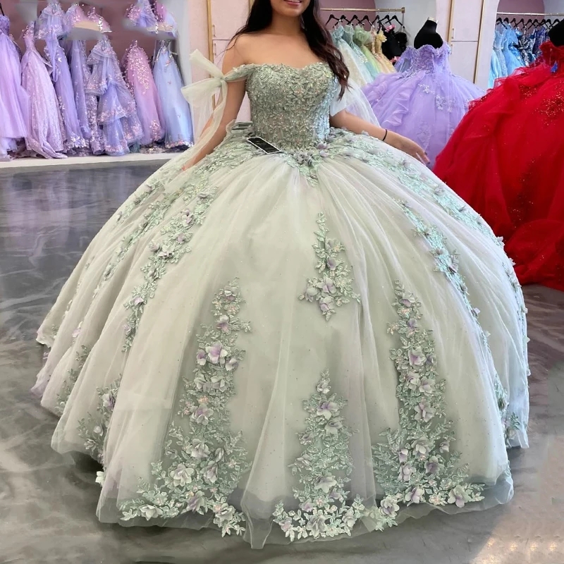Light Green Quinceanera Dresses Ball Gown Off The Shoulder 3D Floral Applique Lace Beading Tull Corset Sweet 16 Dress Vestido 15 De Anos