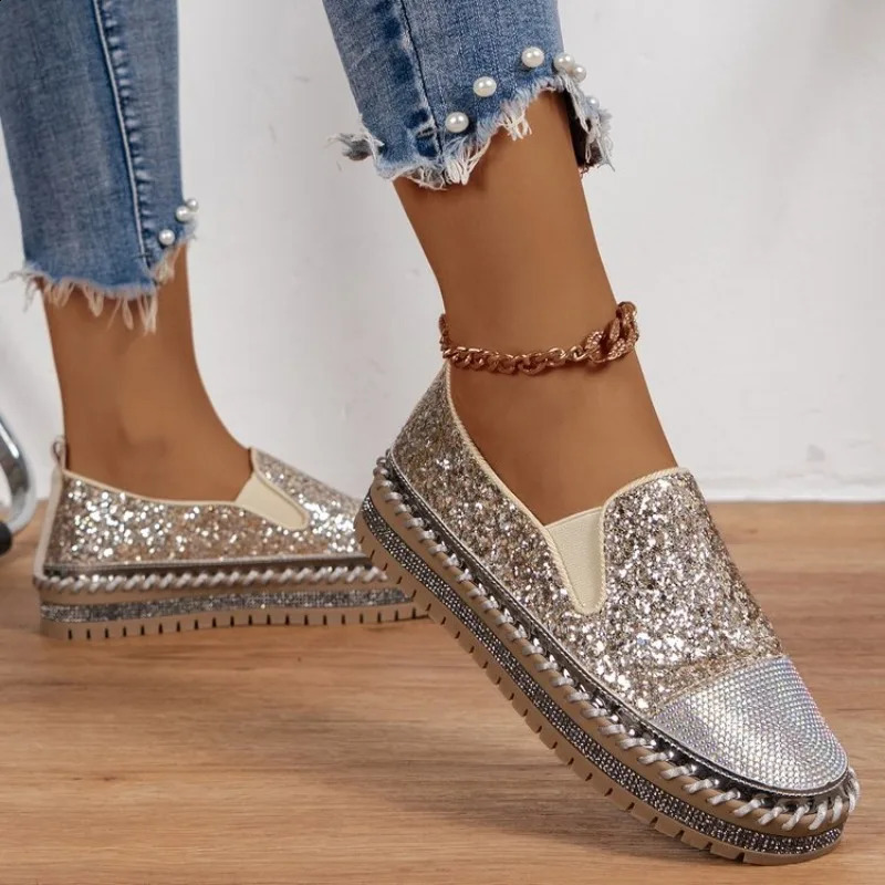 Womens sports shoes 2024 womens flat sequin sports shoes casual womens mesh lace fine diamond sequin platform vulcanized shoes 240930