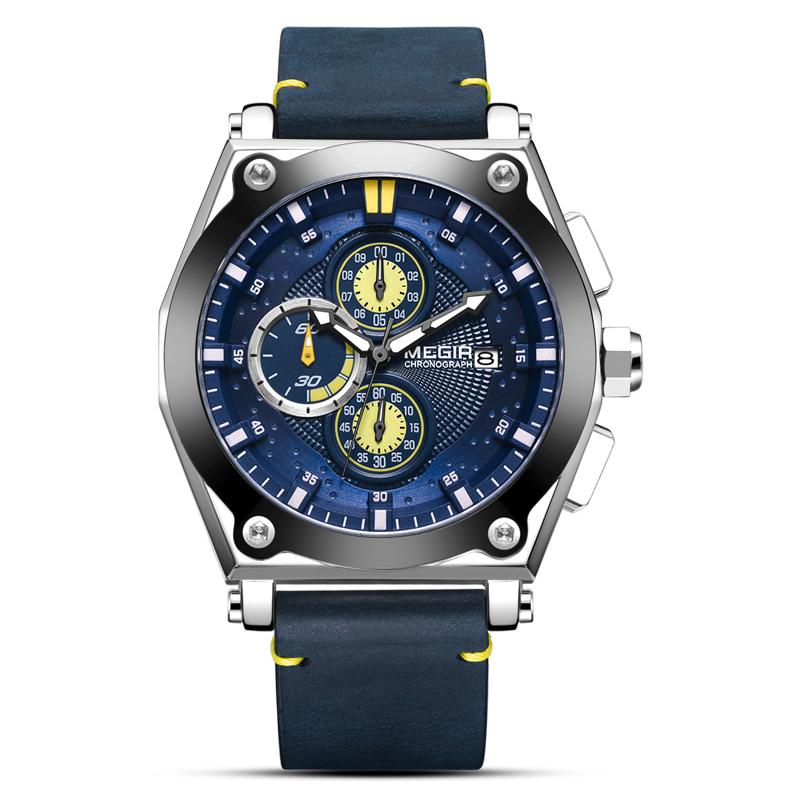 Megir men's leather strap quartz watch military sports timing waterproof watch men's night light Relogios clock 2098 blue
