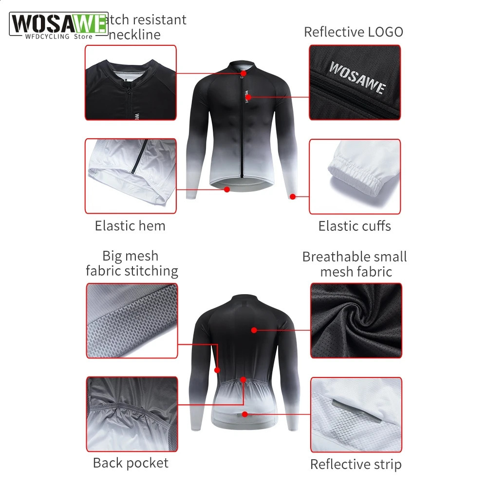 WOSAWE Mens Bicycle Jacket Breathable Fast Drying Gradient Printed Long Sleeve Shirt Mountain Bike Outdoor Running Bike Clothing 240925