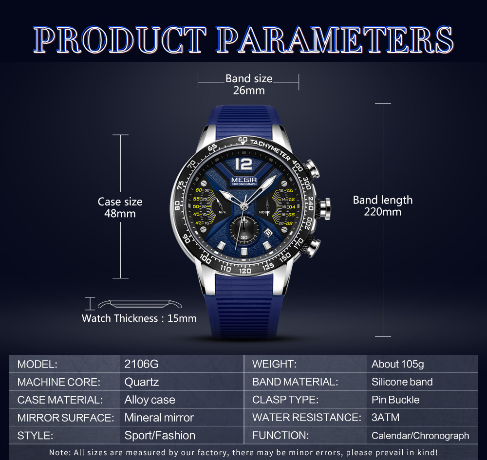 MEGIR Blue Sports Watch Men's Silicone Strap Timing Waterproof Night Light Fashion Casual Quartz Watch Men's 2106