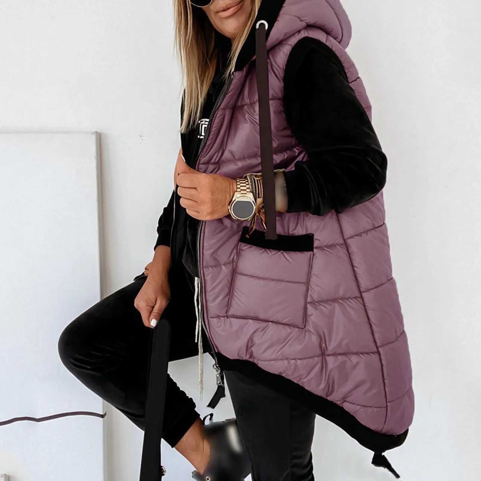 Sleeveless hooded vest womens autumn fashion long cotton apron jacket womens winter warm waterproof vest M241004