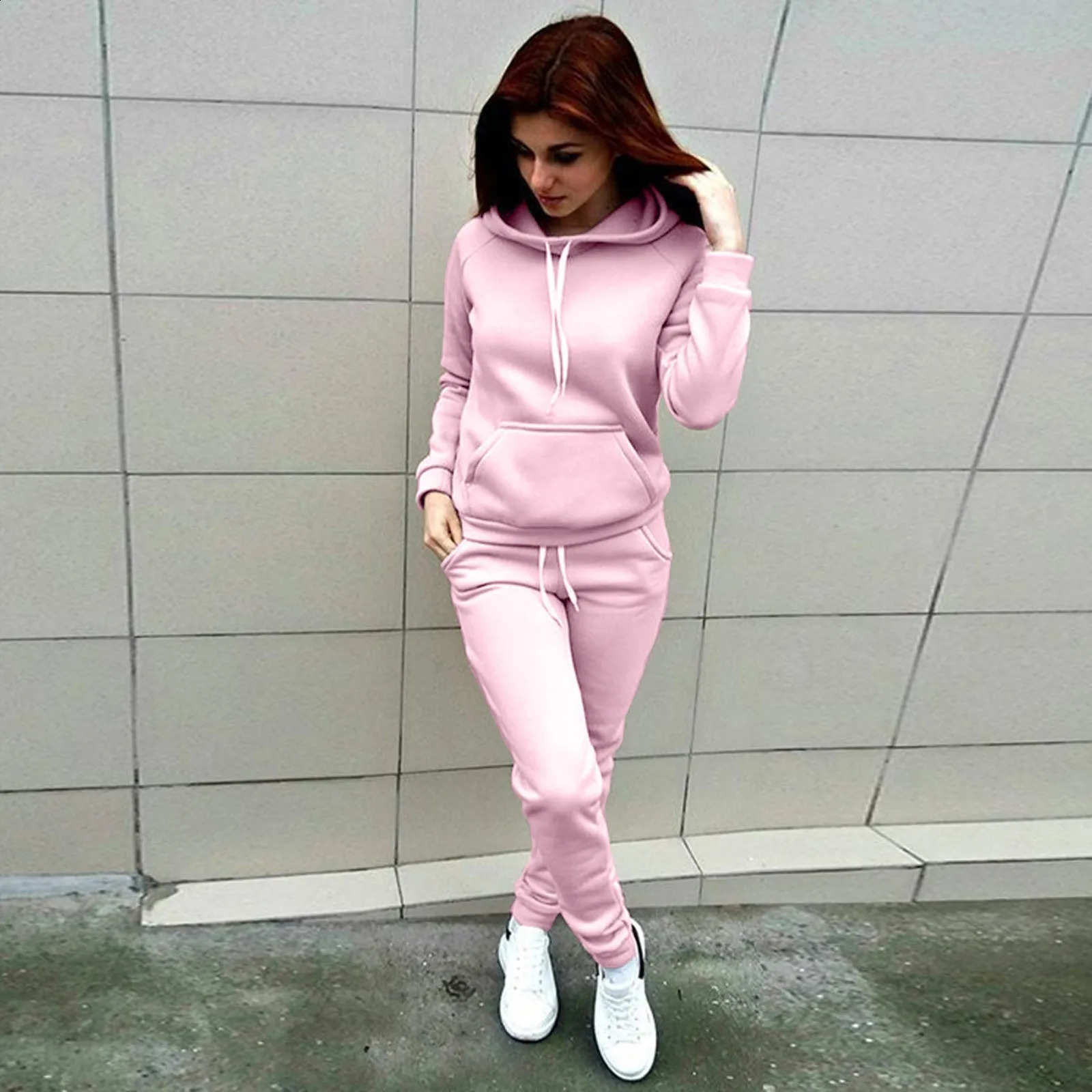 Womens solid color track suit casual warm long sleeved sports shirt jogging pants twopiece set winter hooded sweatshirtpants sportswear 240927