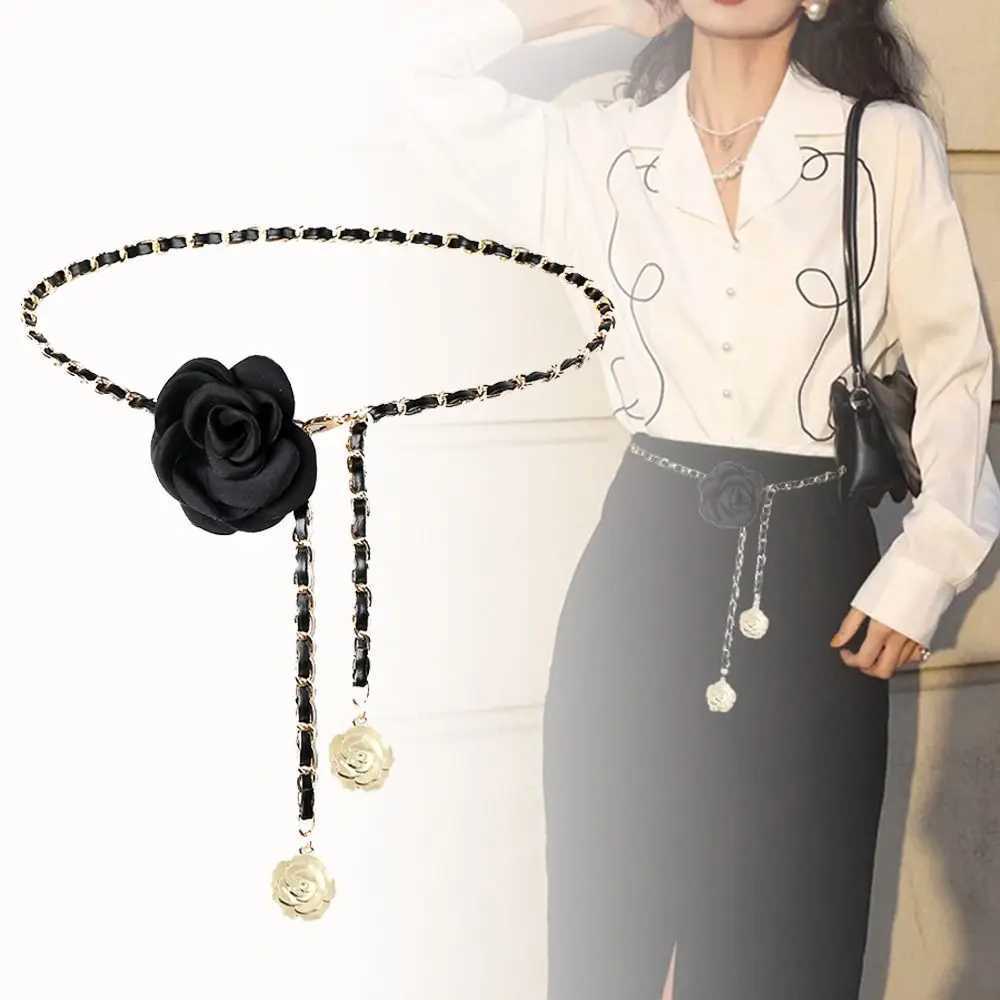 1 piece of womens fashionable camellia waist chain flower leather waist chain decorative pants chain W240930